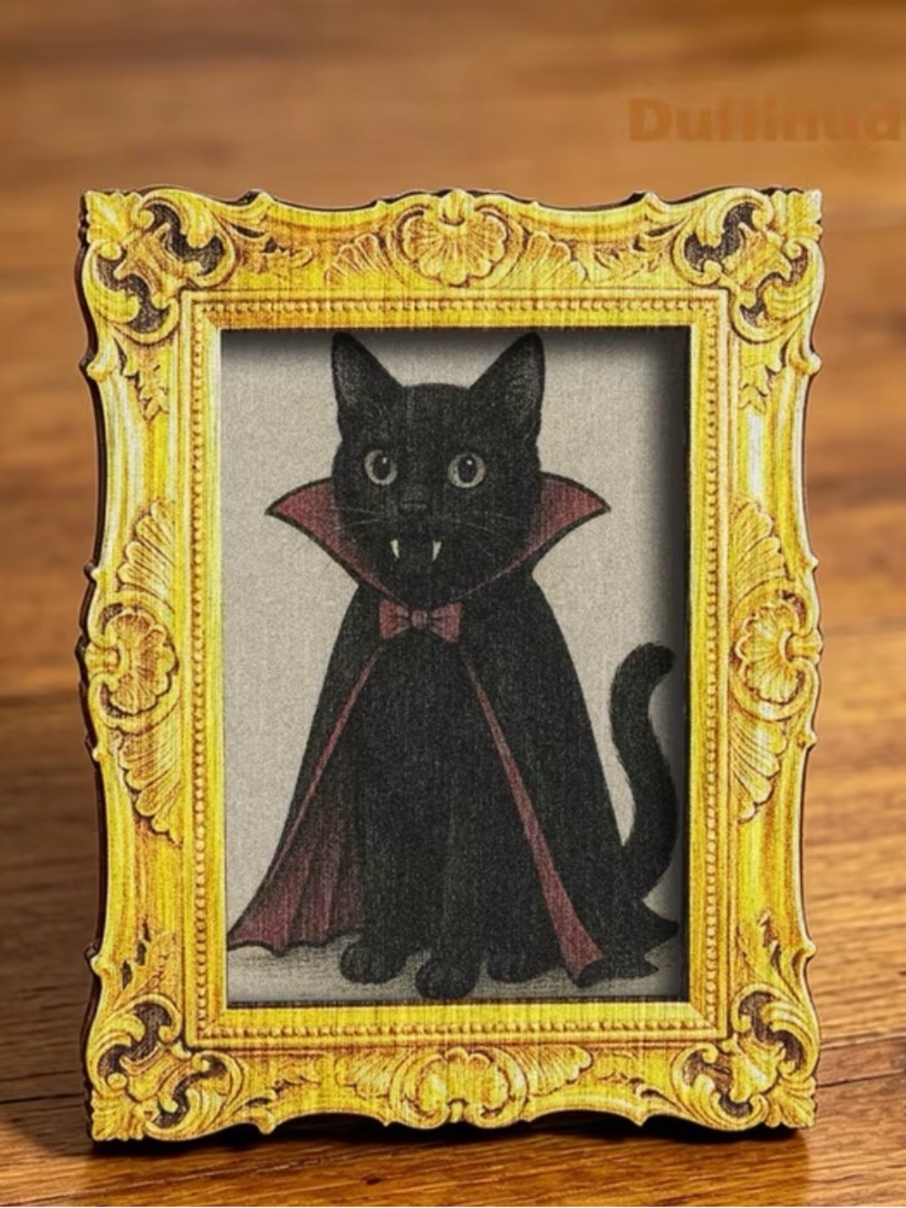 Black Cat Vampire Portrait magnet - Decorative Pet Art (Black, Gold Frame)